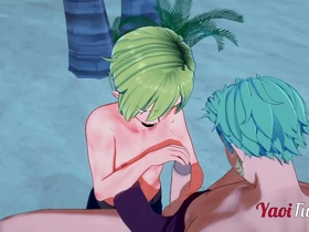 One piece yaoi - zoro x sanji handjob and blowjob in a beach - anime manga gay